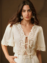 Anewsta Casual, Festival, Beach Bow-Tie, Embroidery, Hollow-Out V-Neck Blouse